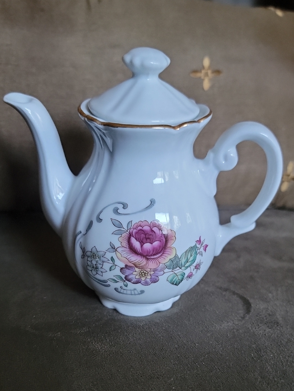 White Floral Porcelain Teapot with Gold Trim - Pink Flower Accent